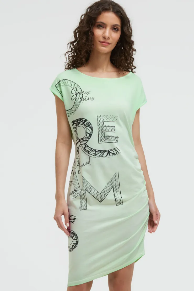 Asymetrisches Jerseykleid mit Print und Raffung neon green