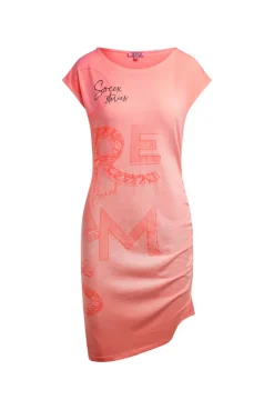 Asymetrisches Jerseykleid mit Print und Raffung neon flame
