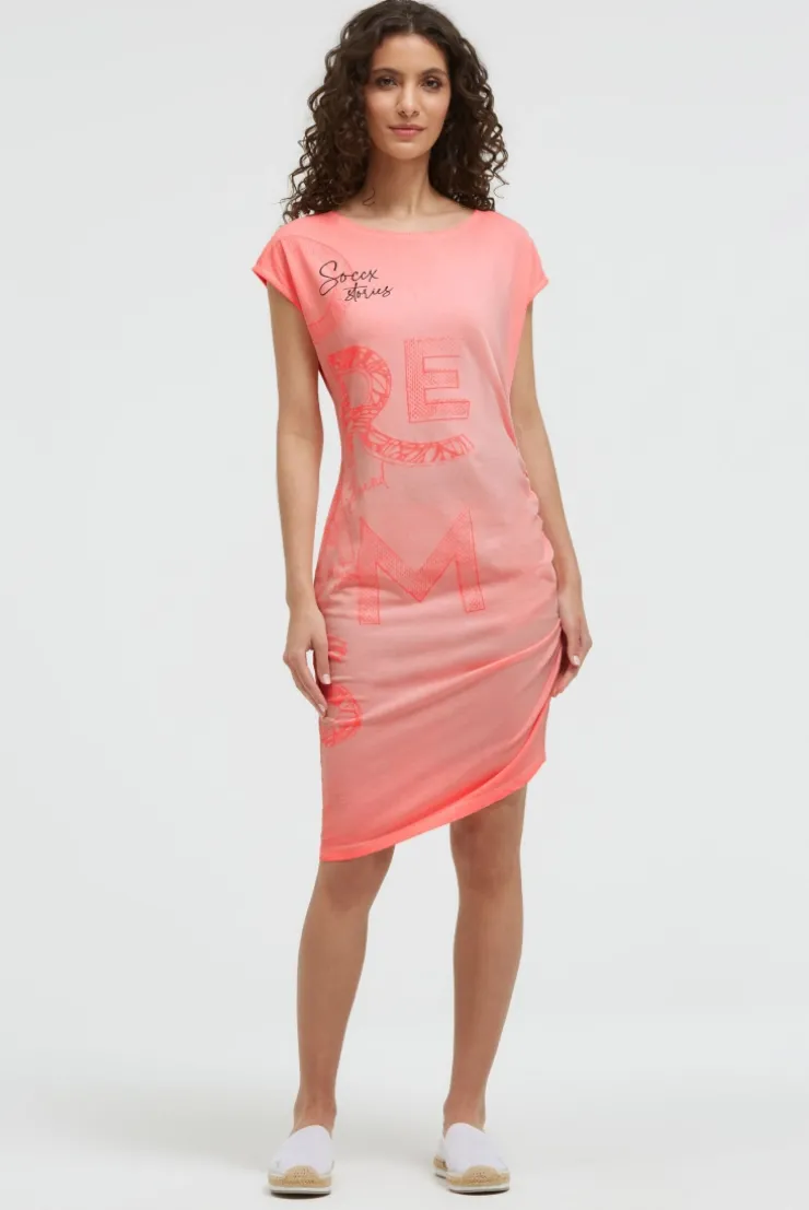 Asymetrisches Jerseykleid mit Print und Raffung neon flame