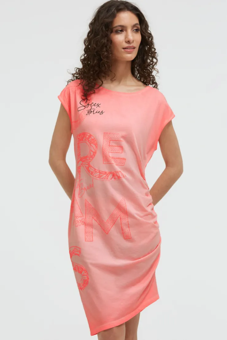 Asymetrisches Jerseykleid mit Print und Raffung neon flame