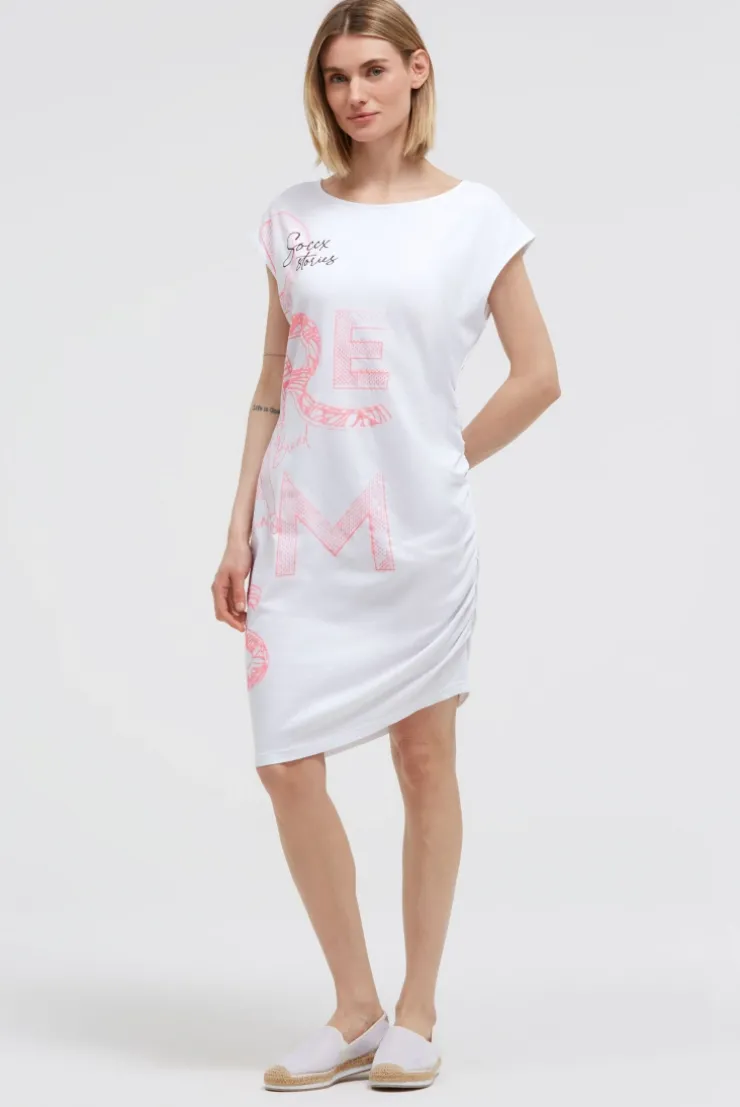 Asymetrisches Jerseykleid mit Print und Raffung opticwhite