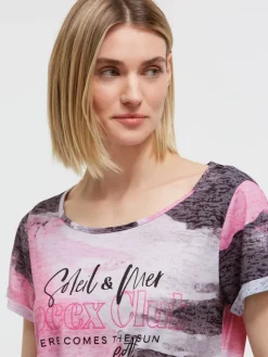 Ausbrenner-Shirt mit All Over Print und Knotensaum vivid pink