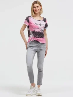 Ausbrenner-Shirt mit All Over Print und Knotensaum vivid pink