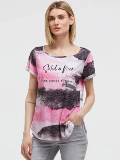 Ausbrenner-Shirt mit All Over Print und Knotensaum vivid pink