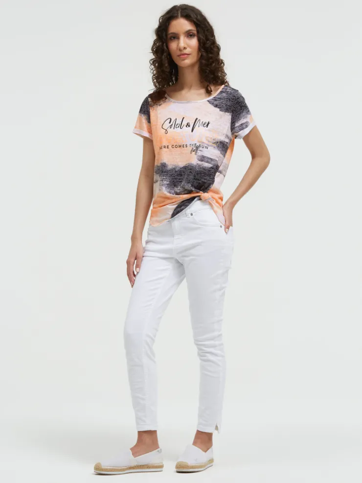 Ausbrenner-Shirt mit All Over Print und Knotensaum neon apricot