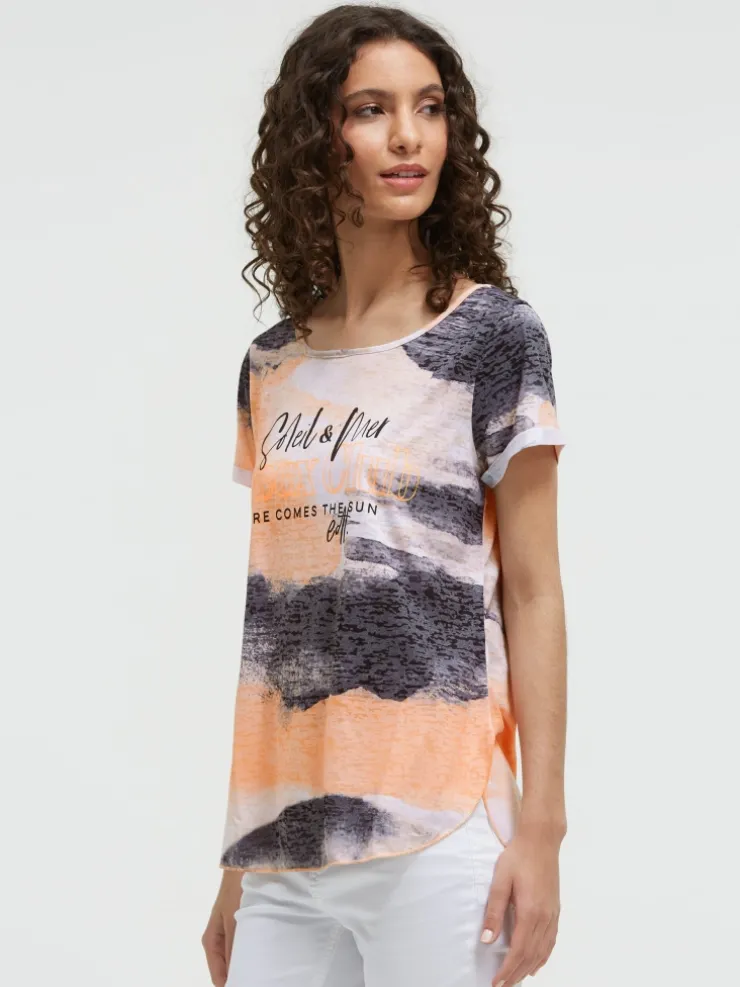 Ausbrenner-Shirt mit All Over Print und Knotensaum neon apricot