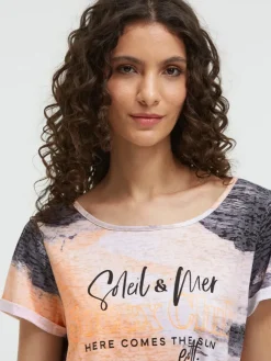 Ausbrenner-Shirt mit All Over Print und Knotensaum neon apricot
