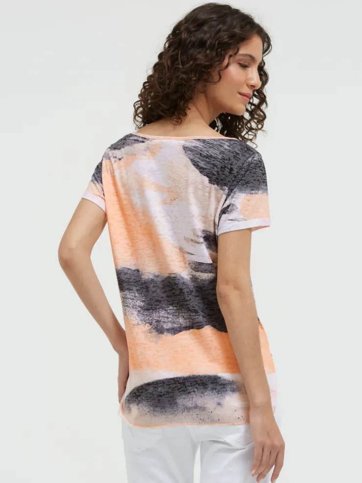 Ausbrenner-Shirt mit All Over Print und Knotensaum neon apricot