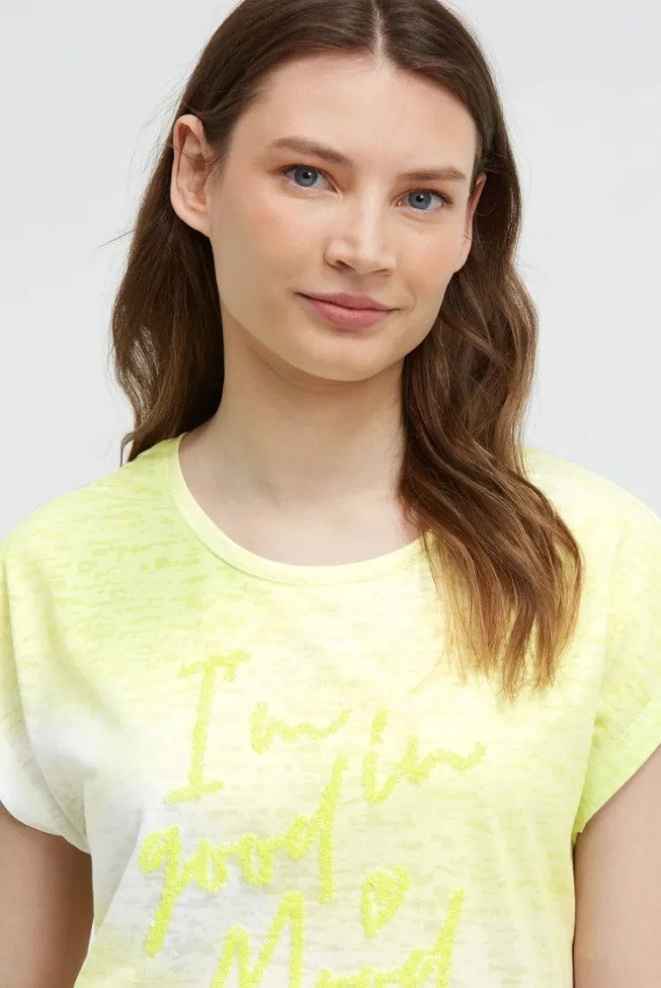 Ausbrenner-Shirt mit Pailletten-Wording vivid lemon
