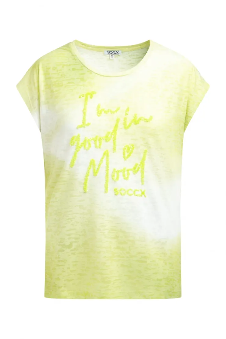 Ausbrenner-Shirt mit Pailletten-Wording vivid lemon
