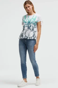 Ausbrenner-Shirt mit Print und Tunnelzugbändern opticwhite