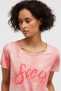 Ausbrenner-T-Shirt mit Pailletten - Wording neon coral