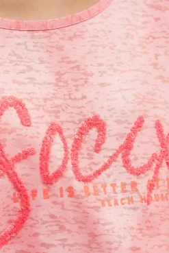 Ausbrenner-T-Shirt mit Pailletten - Wording neon coral