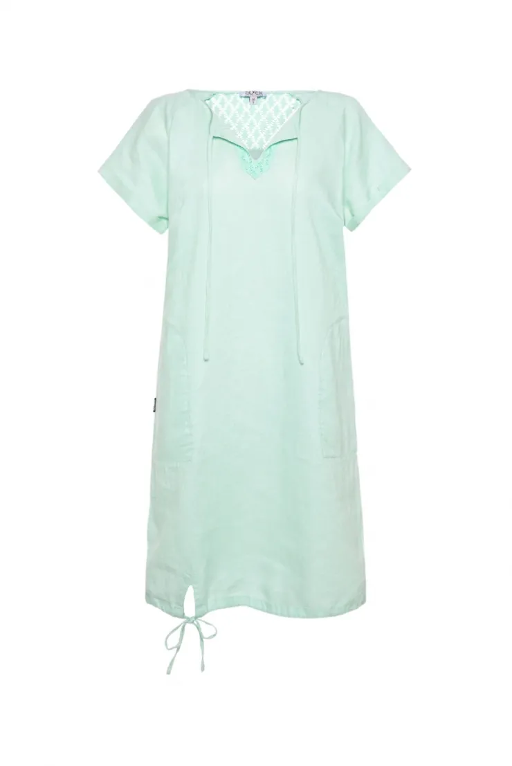 Ballonkleid aus Leinen mit Ajour-Details leafy mint