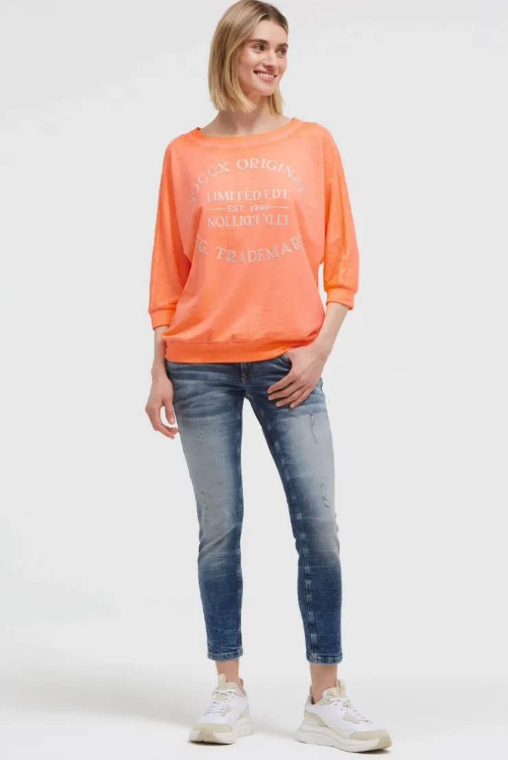 Basic Sweatshirt mit verkürzten Ärmeln und Artwork electric orange