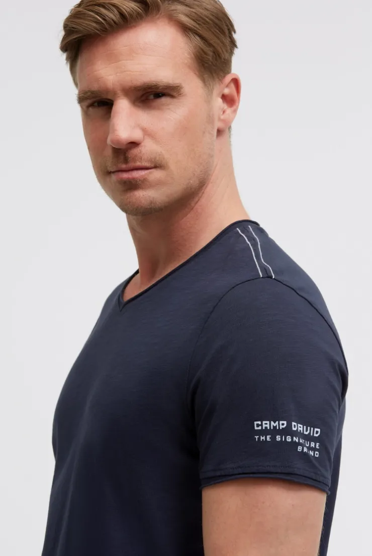 Basic T-Shirt mit V-Neck und Print blue navy