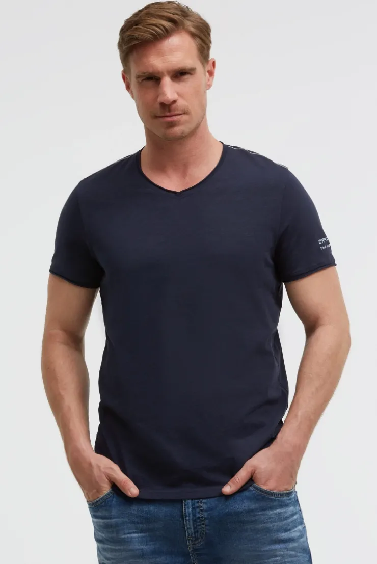 Basic T-Shirt mit V-Neck und Print blue navy
