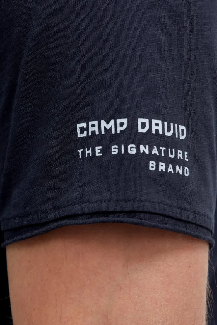 Basic T-Shirt mit V-Neck und Print blue navy