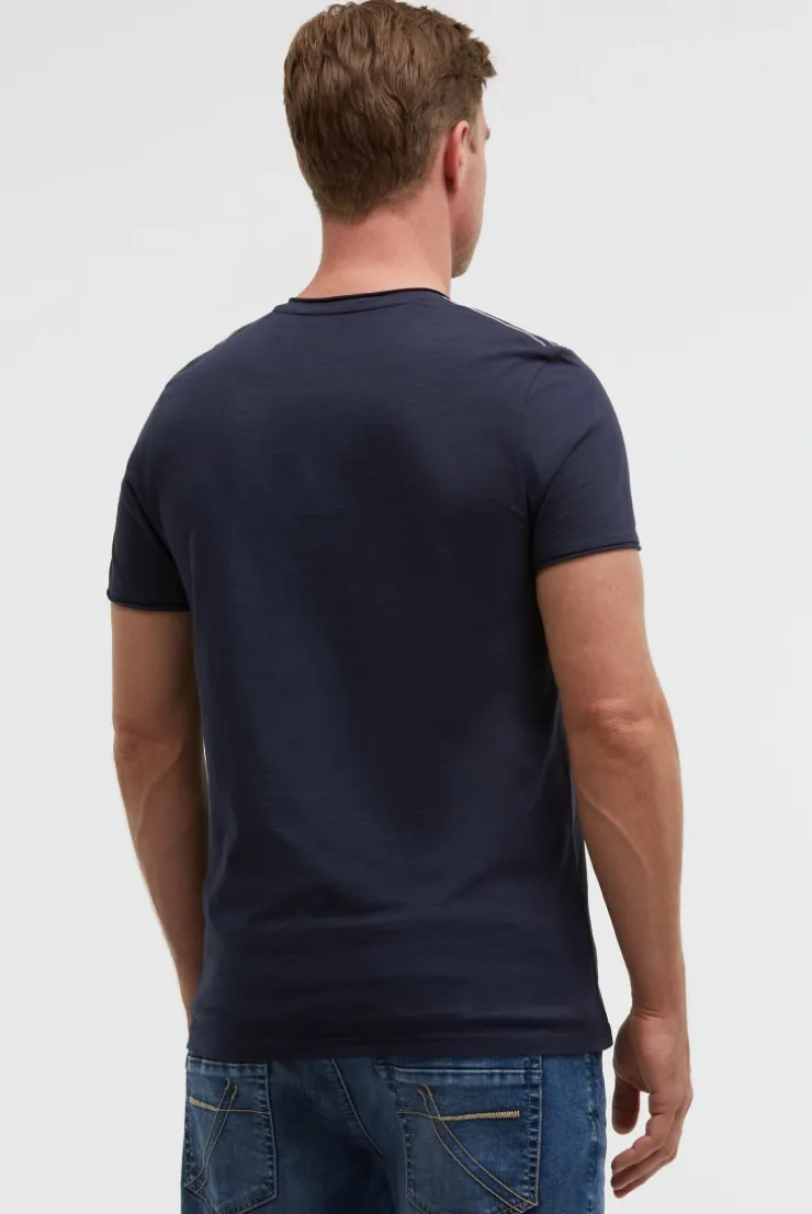 Basic T-Shirt mit V-Neck und Print blue navy