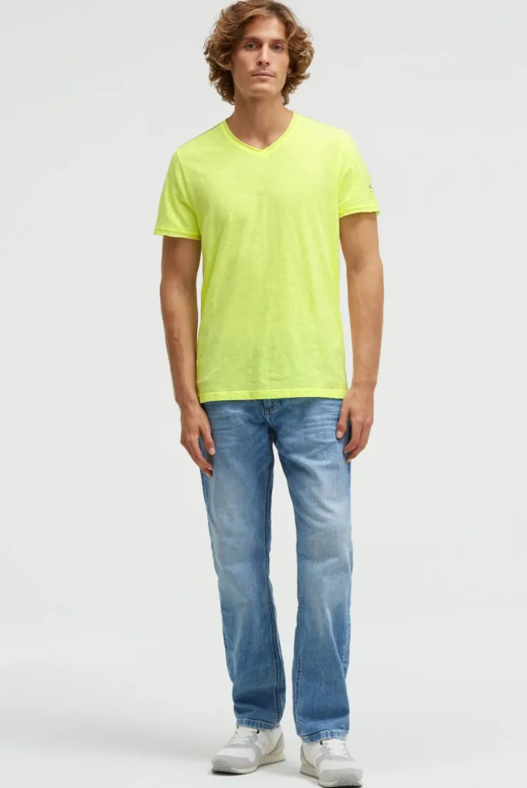 Basic T-Shirt mit V-Neck und Print neon lime