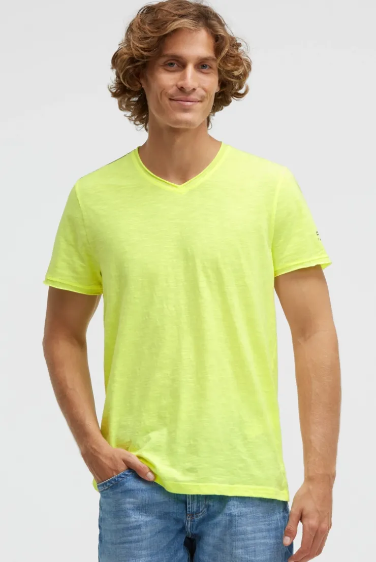 Basic T-Shirt mit V-Neck und Print neon lime