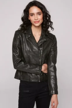 Bikerjacke aus Leder im Vintage Look black | S