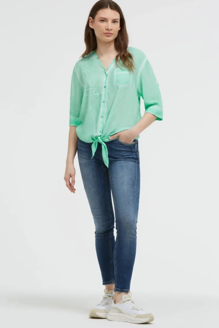 Bluse Kurzarm mit Knotensaum und Print french mint