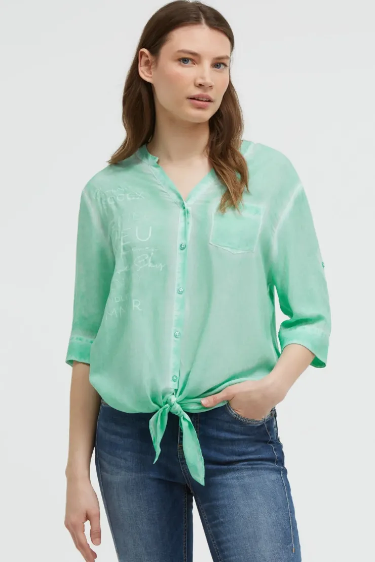 Bluse Kurzarm mit Knotensaum und Print french mint