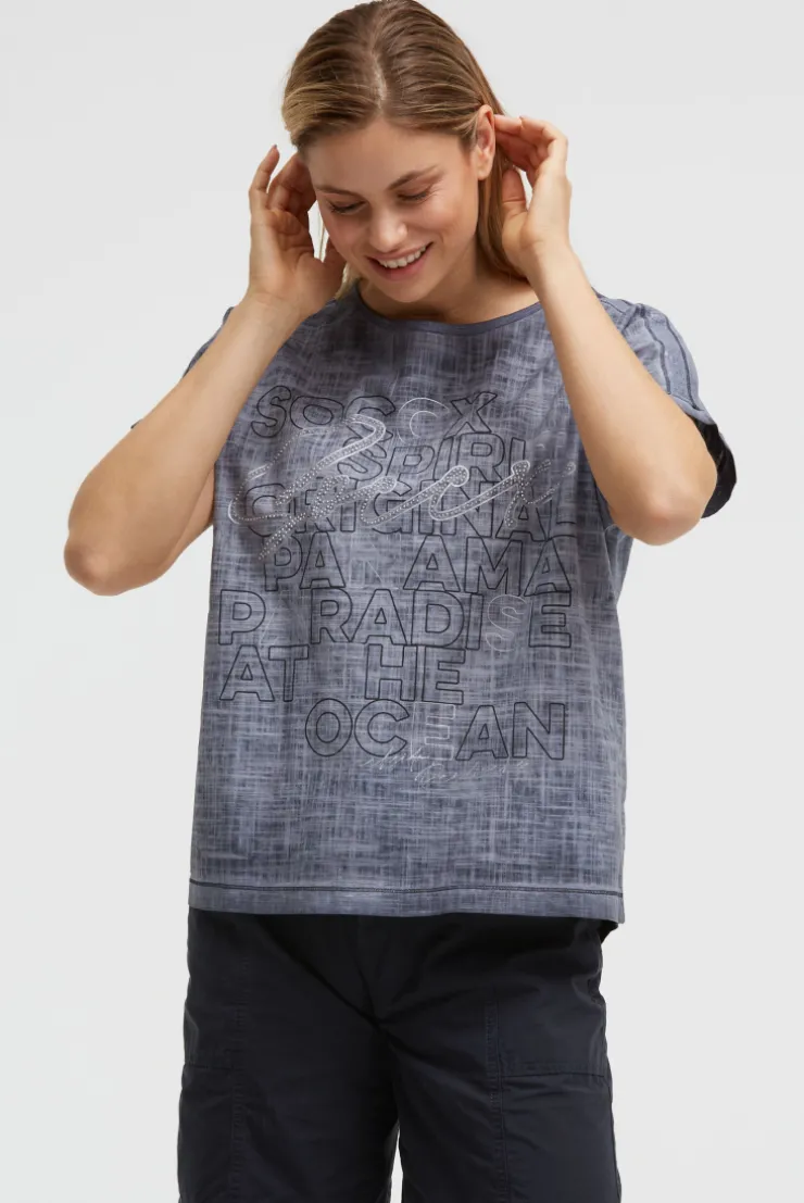 Blusenshirt im Stoffmix mit Artwork blue navy