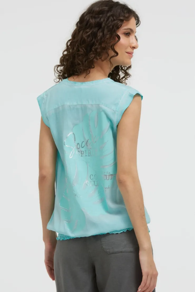 Blusentop mit gesmoktem Saum und Rückenprint aqua splash