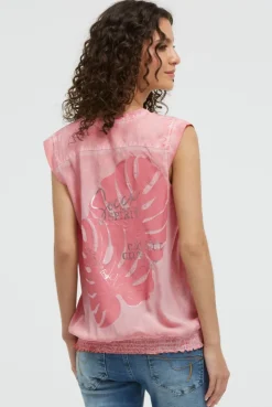 Blusentop mit gesmoktem Saum und Rückenprint beachy red