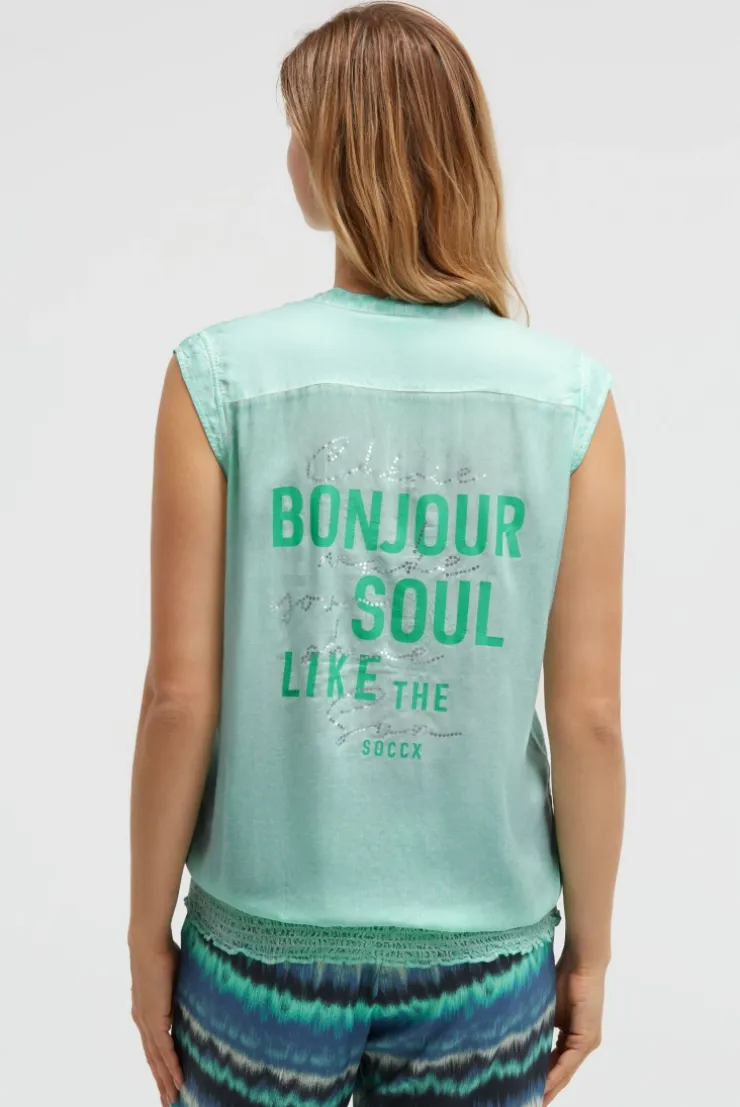 Blusentop mit gesmoktem Saum und Rückenprint french mint