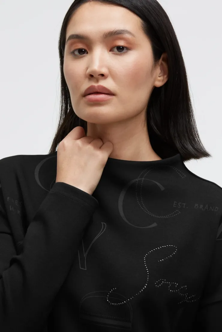 Boxy-Sweatshirt mit Print und Schmucksteinen black