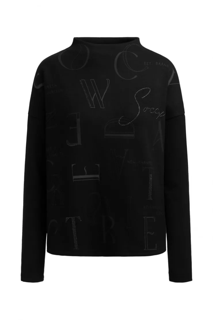 Boxy-Sweatshirt mit Print und Schmucksteinen black