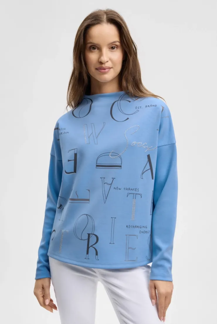 Boxy-Sweatshirt mit Print und Schmucksteinen blue heaven