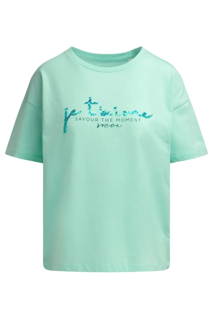 Boxy T-Shirt mit Pailletten - Artwork french mint