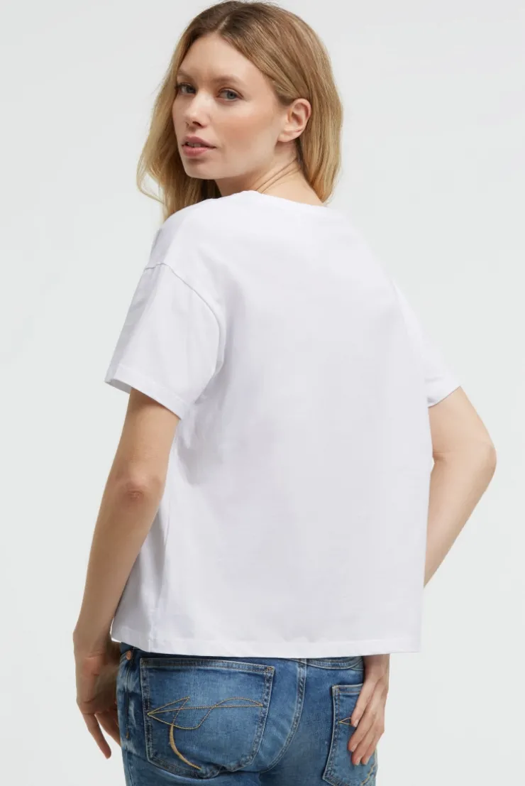 Boxy T-Shirt mit Print und Schmucksteinen opticwhite