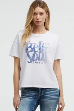 Boxy T-Shirt mit Print und Schmucksteinen opticwhite