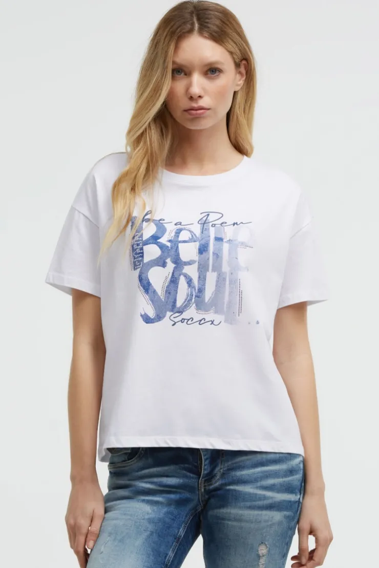 Boxy T-Shirt mit Print und Schmucksteinen opticwhite