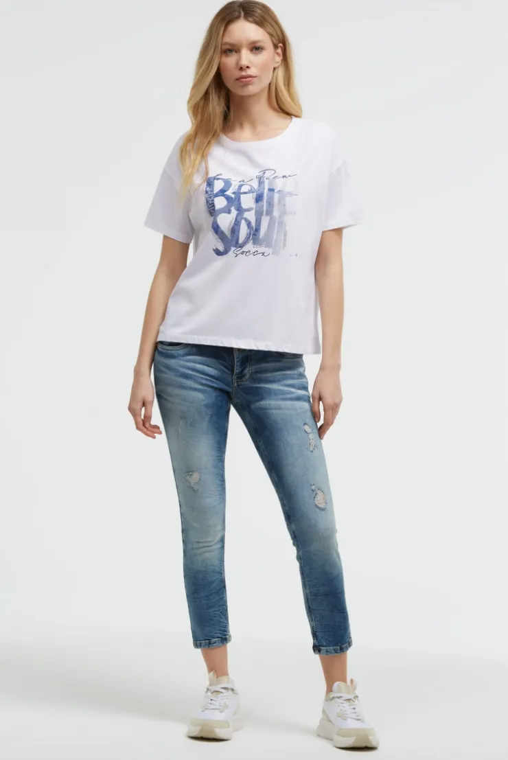 Boxy T-Shirt mit Print und Schmucksteinen opticwhite