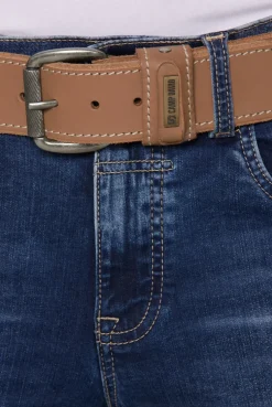 Gürtel aus Leder mit Kontrastnaht und Logo-Plakette beige