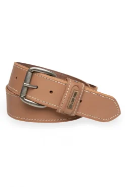 Gürtel aus Leder mit Kontrastnaht und Logo-Plakette beige