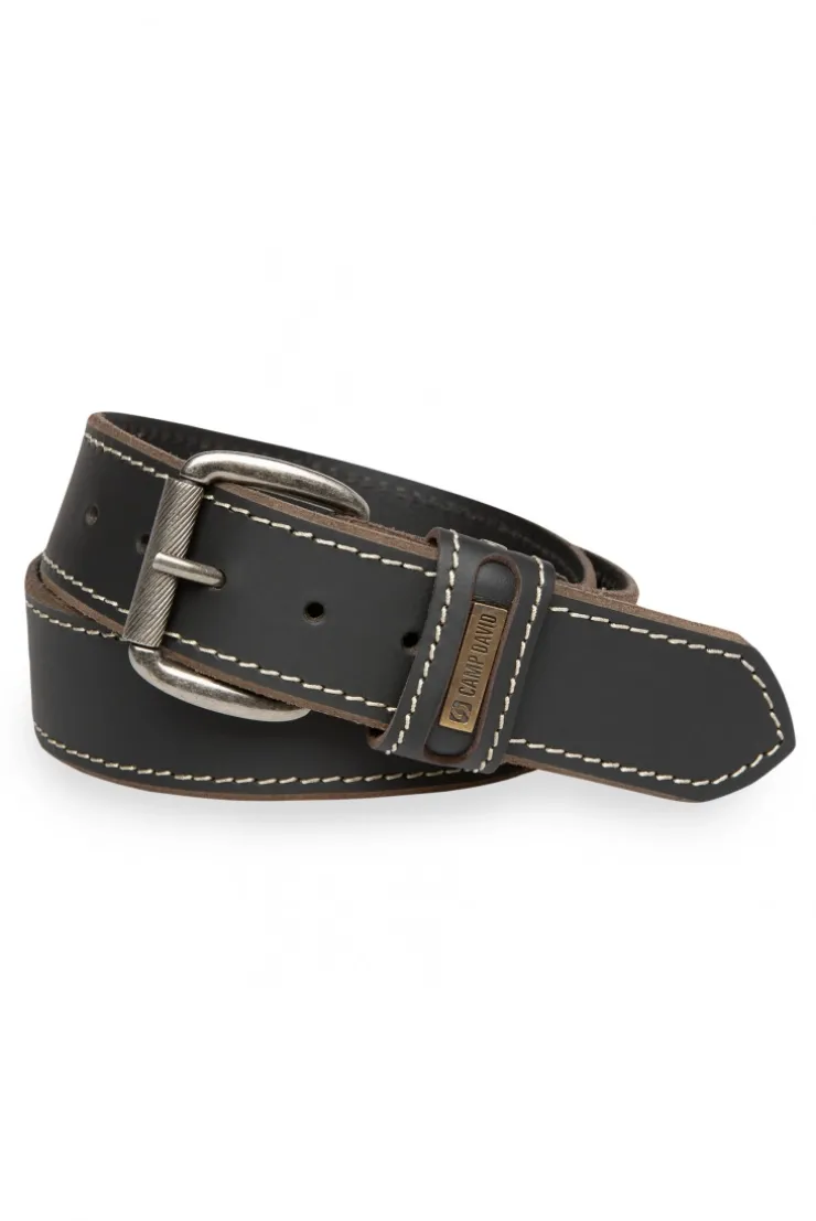 Gürtel aus Leder mit Kontrastnaht und Logo-Plakette black
