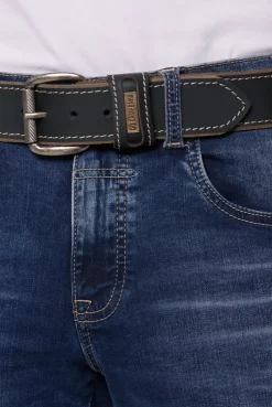 Gürtel aus Leder mit Kontrastnaht und Logo-Plakette black