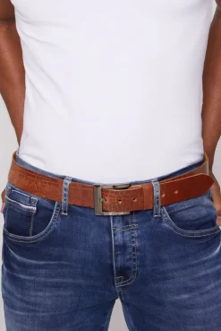 Gürtel aus Leder mit Logo auf der Metallschließe brown