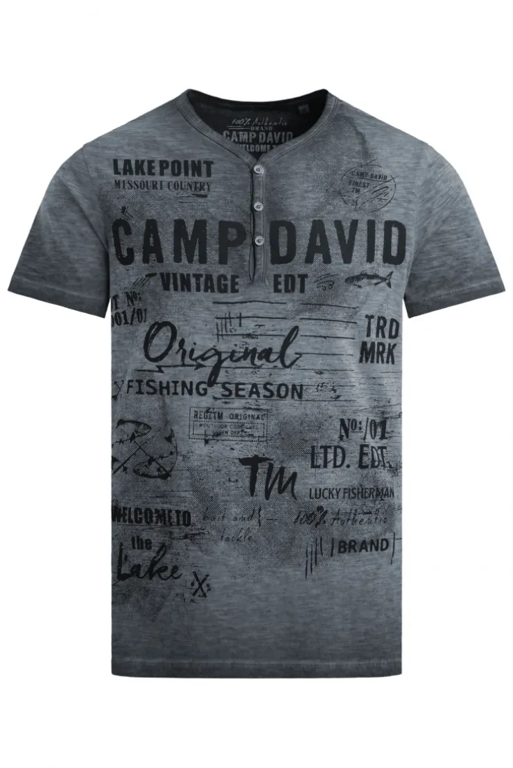 Henley-Shirt Oil Dyed mit Frontprint black