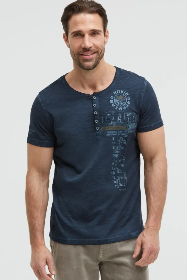 Henley-T-Shirt mit Print und Stickereien faded navy