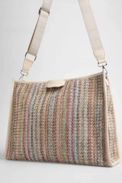 Hobo Bag im Häkel-Design mit Intarsia-Webriemen pink / aqua