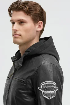 Jacke aus Kunstleder mit abknöpfbarer Sweatkapuze black / black