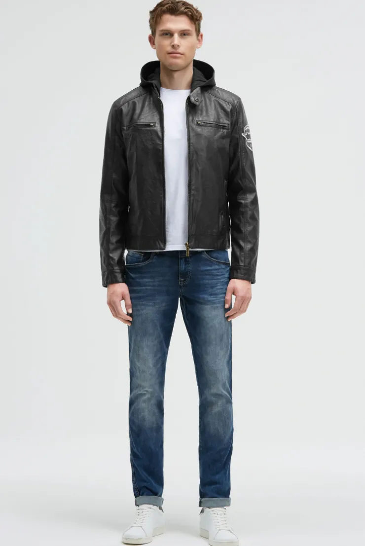 Jacke aus Kunstleder mit abknöpfbarer Sweatkapuze black / black